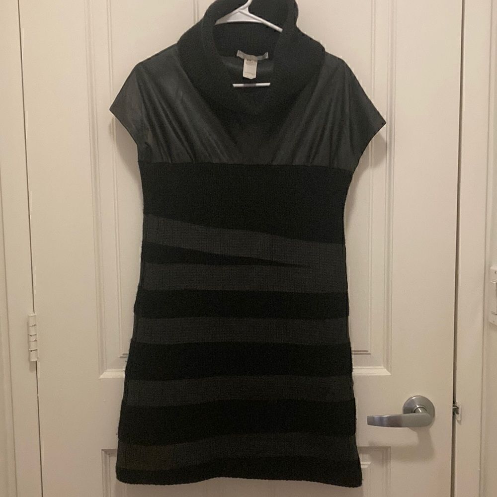 Les Copains Black Mini Dress with Cap sleeve and high Cowl Neck. Size Small.